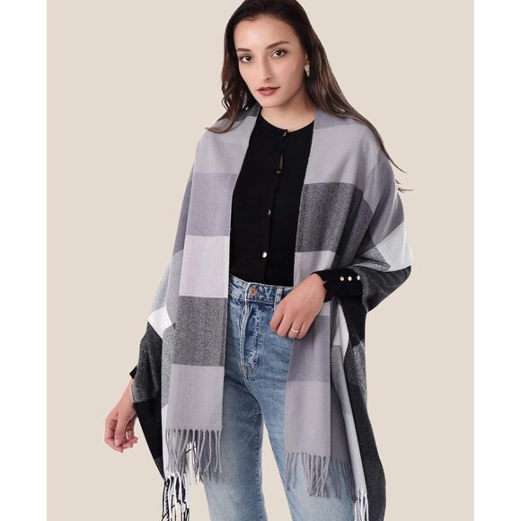Women Black White Grey Winter Warm Shawl Wraps Tartan Blanket Oversized Scarves - Picture 2 of 6
